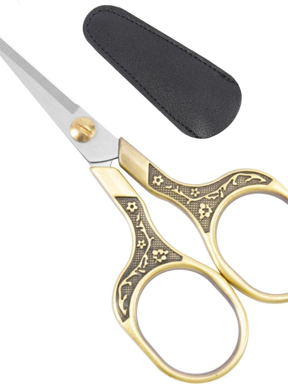 Needlepoint Scissors with Leather Sheath, 5" Vintage Antique Bronze Small Embroi